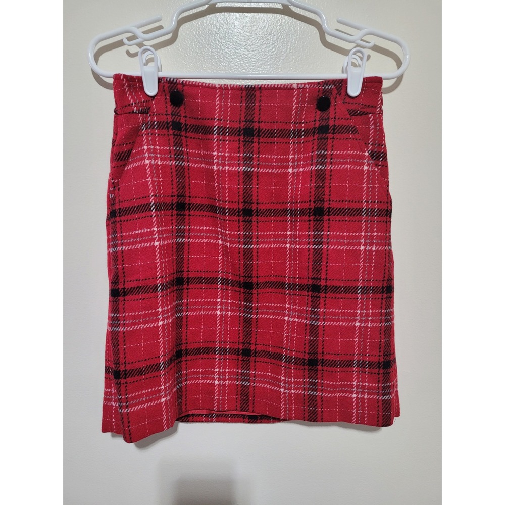 Talbots Plaid Mini Skirt‎ Womens 2P Red Wool Blend Tartan Button Pocket